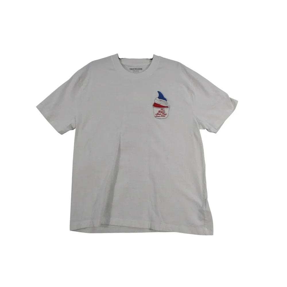 True Religion Mens White Graphic T-Shirt Made‎ Fresh Burger Ice Cream Large